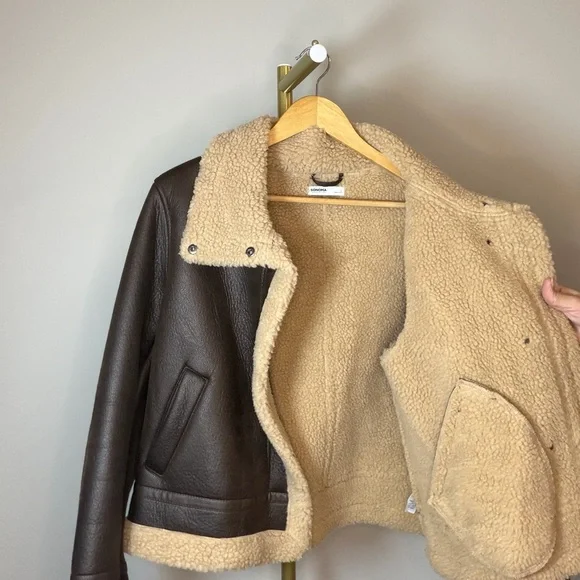 Sonoma Faux Shearling Aviator Jacket Brown Cream Sherpa L - Picture 5 of 7